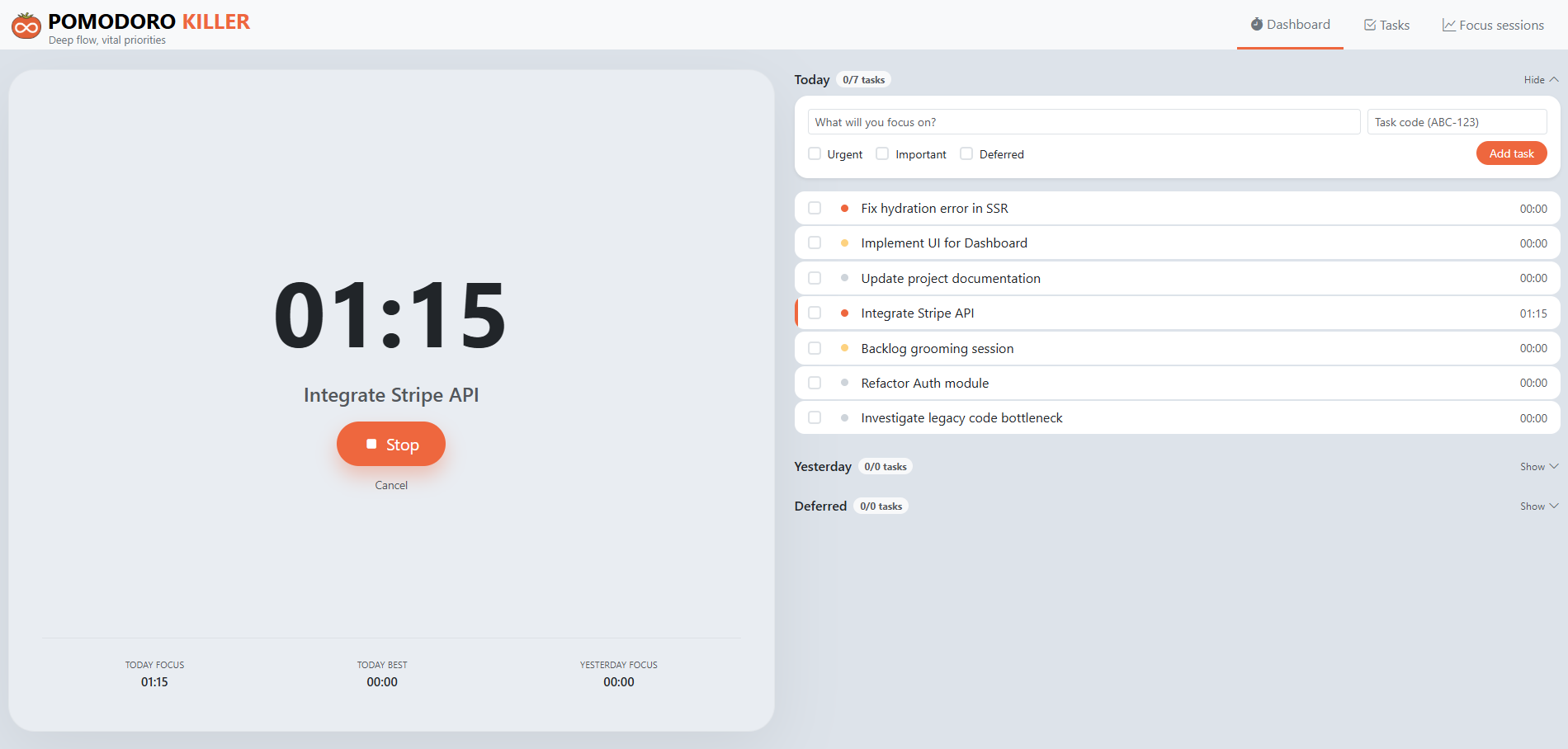 PomodoroKiller - Deep Flow, Vital Priorities screenshot 1